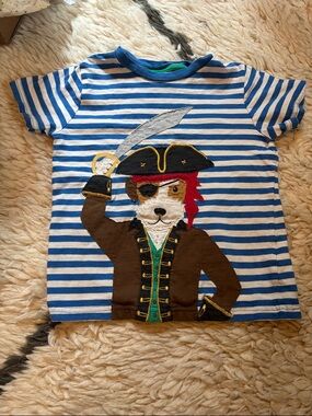 Mini Boden Blue and White Striped Tee with Dog Pirate